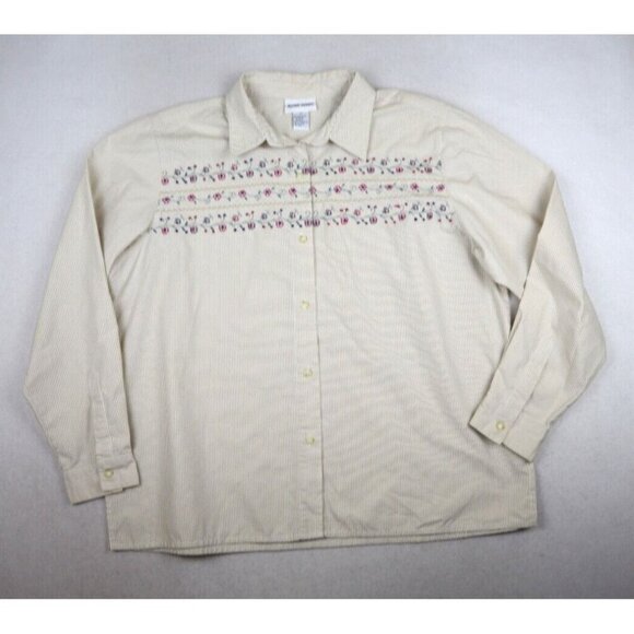 ALFRED DUNNER - WOMEN'S BEIGE STRIPED LONG SLEEVE FLORAL EMBROIDERED TOP - 20 - Picture 1 of 7